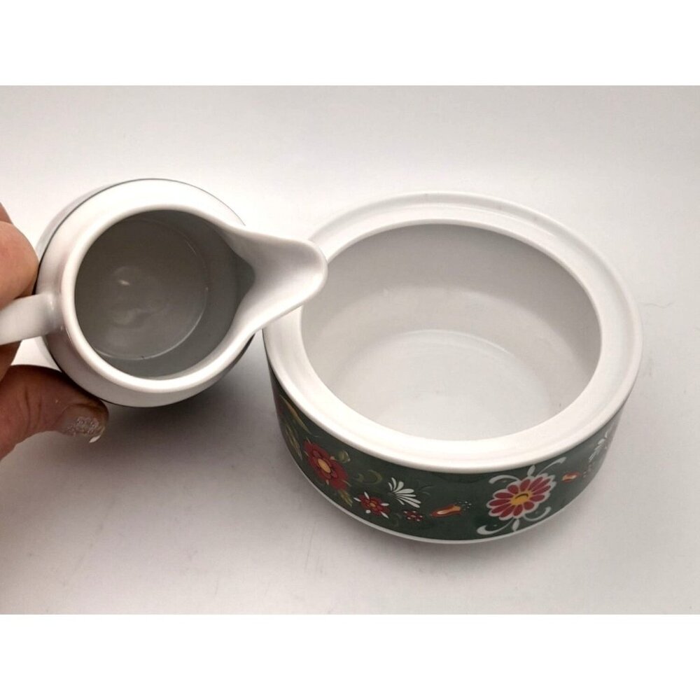Winterling Bavaria Green Red Floral Creamer Sugar Bowl w/ Lid & Serving Bowl - Picture 5 of 9